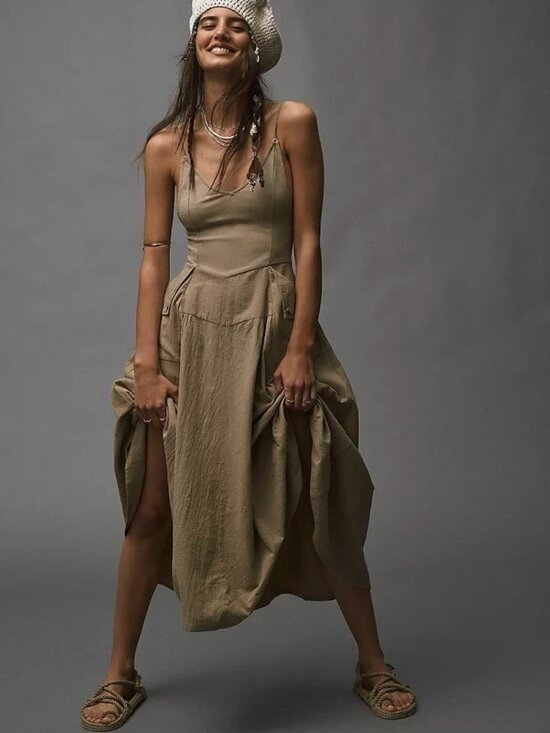 Free People Dresses & Skirts - Free People Soledad Midi Dress | Small | Khaki | Cotton | A-Line Dress